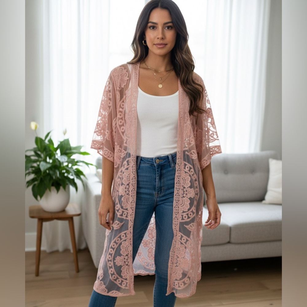 Boho Chic Dusty Rose Sheer Lace Duster | Lightweight Kimono Cardigan